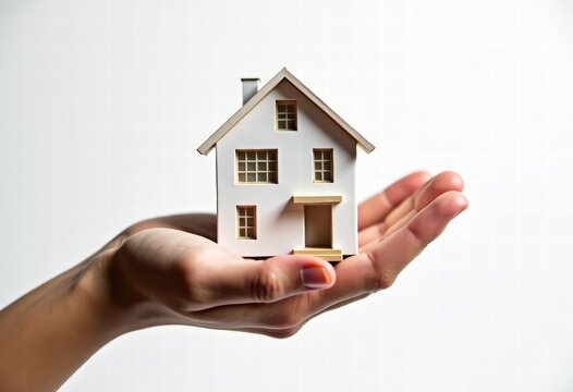 a plot of land with grass and a house in the palm of your hand on a white background. purchase and sale of residential real estate