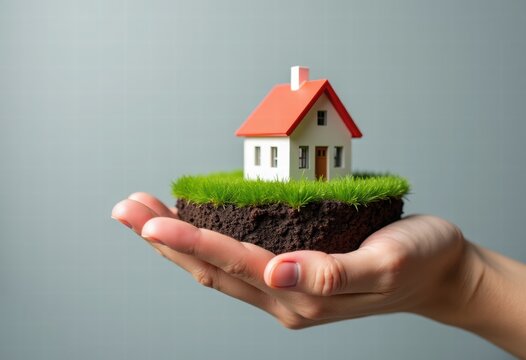 a plot of land with grass and a house in the palm of your hand on a plain background. purchase and sale of residential real estate