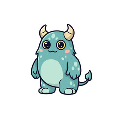 Fototapeta premium Cute blue monster cartoon character with horns and big eyes, funny, friendly, whimsical, vector illustration