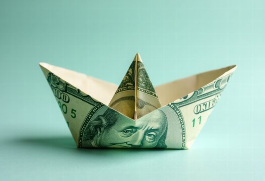 a paper boat made from a hundred-dollar bill. the concept of money, finance, and banking investments