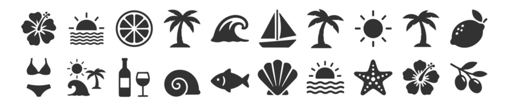 Summer beach icon set vector, tropical palm sun wave sailboat and sea elements isolated on transparent background