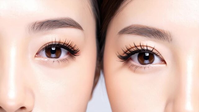 Close-up of two women's eyes with long lashes and perfect eyebrows