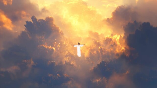 Jesus christ ascending into heaven, depicting a religious event of resurrection and spiritual salvation with glowing clouds, video footage.