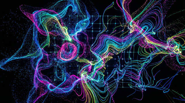 An abstract "Latent Space" visualization featuring a swirling cloud of millions of neon-colored particles forming organic 3D structures in a void.
