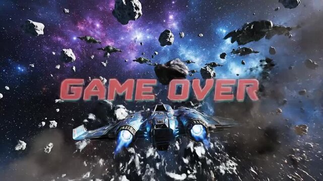 Space ship travels through asteroid field and engages in battle in outer space