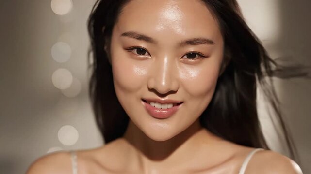 Woman demonstrates makeup routine for natural glow in bright indoor setting