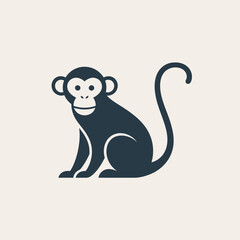 Fototapeta premium Cute Monkey Sitting Icon, Simple Vector Illustration, Dark Blue Silhouette on Beige Background