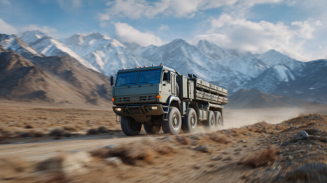 Cinematic view of launcher convoy crossing desert road, mountains faintly visible on horizon, dynamic wide composition