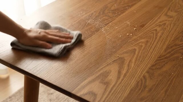 Cleaning Wooden Table Surface with Hand and Grey Cloth Removing Crumbs and Dust