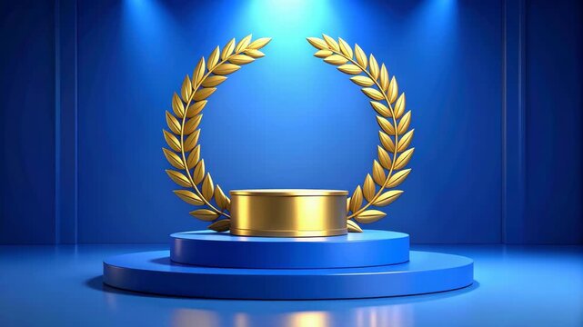 Golden laurel wreath crowning a gold podium on a blue stage with spotlights