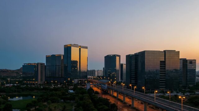 aerial drone timelapse of hyderabad financial district in telangana video conceptual sunset to night video