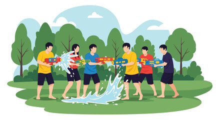 Fototapeta premium Group of friends having fun and playing with colorful water guns during a refreshing outdoor summer activity in a park.
