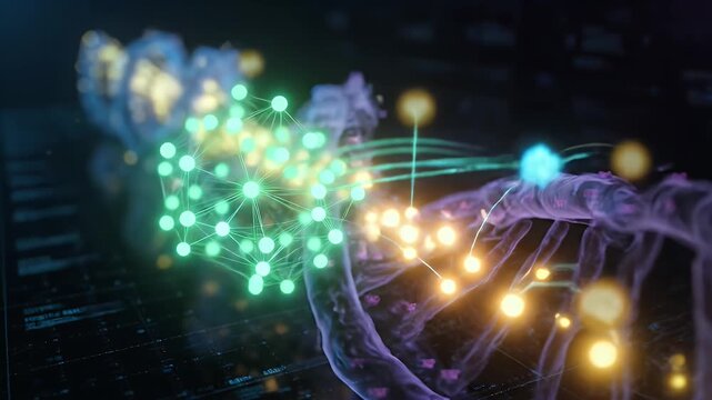 3D Animation of DNA Double Helix Structure with Glowing Particles and Medical Icons on Dark Futuristic Background