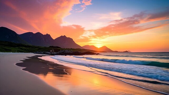 Secluded beach with mountains at colorful sunset and ocean waves