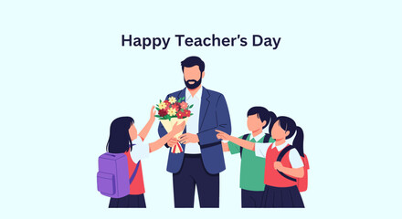 Happy Teacher's Day: Students Giving Flowers to Male Teacher, Showing Appreciation and Gratitude Illustration