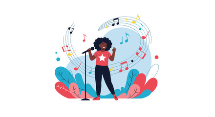 Fototapeta premium Young girl with curly hair performs on stage with a microphone surrounded by colorful musical notes and abstract shapes.