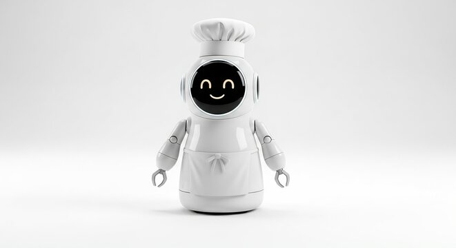 Cute white robot chef wearing hat and apron for cooking technology