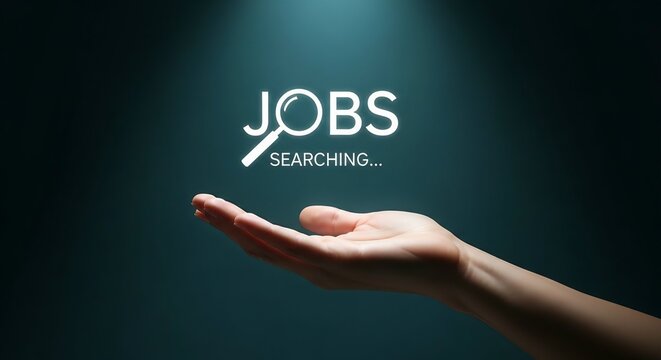 Hand holding virtual jobs searching icon for recruitment and career opportunity
