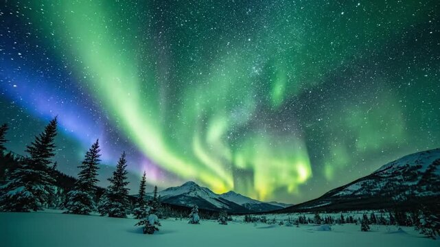 Northern lights dance above snowy mountains and trees in Jasper National Park at night