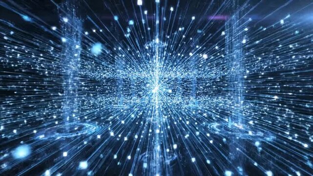 Exploring digital space with bright lights and patterns in a futuristic setting filled with data streams and grids