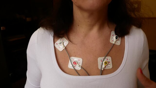 A woman shows Holter electrodes attached to her body for daily electrocardiogram monitoring. Diagnosis of heart and cardiovascular diseases. Daily measurement of heart rhythm and function.