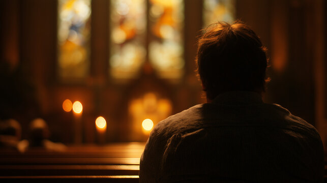 chant. A solitary worshipper in a church, bathed in warm candlelight, reflecting devotion and tranquility. event programs, museum guides, designed for cultural heritage projects and event programs.