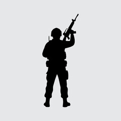 Full Silhouette of a Modern Soldier Standing with Tactical Rifle and Gear on White Background