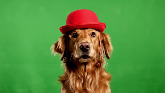 Dog wearing a red hat poses in front of a green background and interacts with the camera