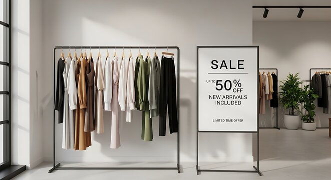 Brightly lit retail space features a garment display rack and a large signage board promoting a fifty percent off new arrivals sale.