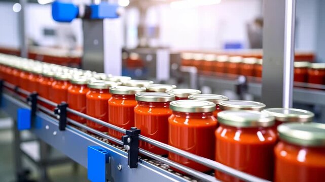Food production line with rows of sealed jars filled with red sauce moving on a conveyor belt.