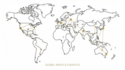 Illustration of a global logistics network with international shipping routes connecting hubs across continents, emphasizing connectivity, efficiency, reliability, supply chains
