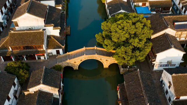 aerial drone view top down shanghai zhujiajiao town mornig fog sunrise video