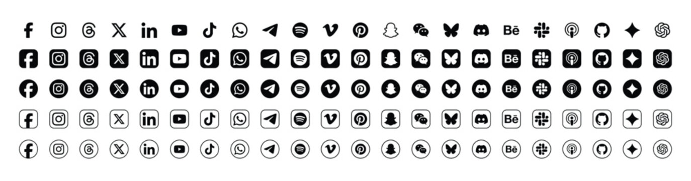 social media black icons set facebook instagram x linkedin youtube tiktok whatsapp telegram pinterest
