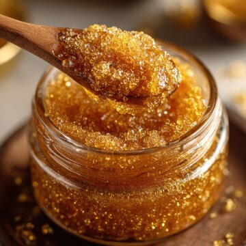 Close up of amber sugar scrub in clear jar being scooped with a wooden spoon