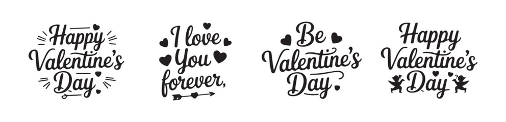 Happy valentines day calligraphy and icons set on white background