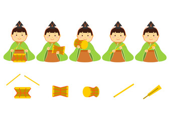 雛祭りの五人囃子と楽器のイラストのセット