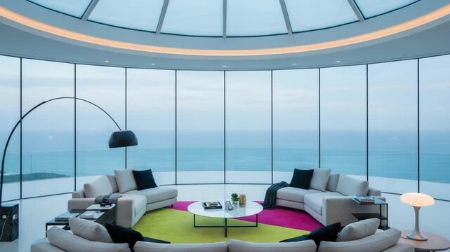 Modern airport interior with empty waiting lounge, glass windows, business desks, chairs, laptops, and contemporary workspace design 4k video