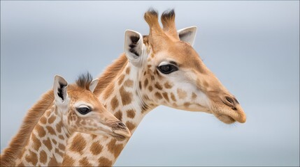 Obraz premium A baby giraffe is standing next to its mother