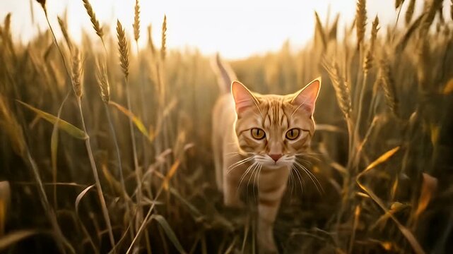 Orange tabby cat stalks through golden wheat field, illuminated by warm sunlight