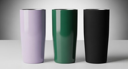 Three colorful tumblers arranged in a row on a plain surface with gradient background