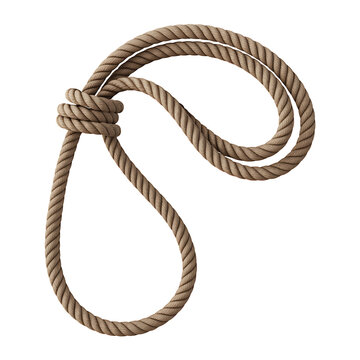 Thick braided natural rope forming a noose knot, isolated on white background