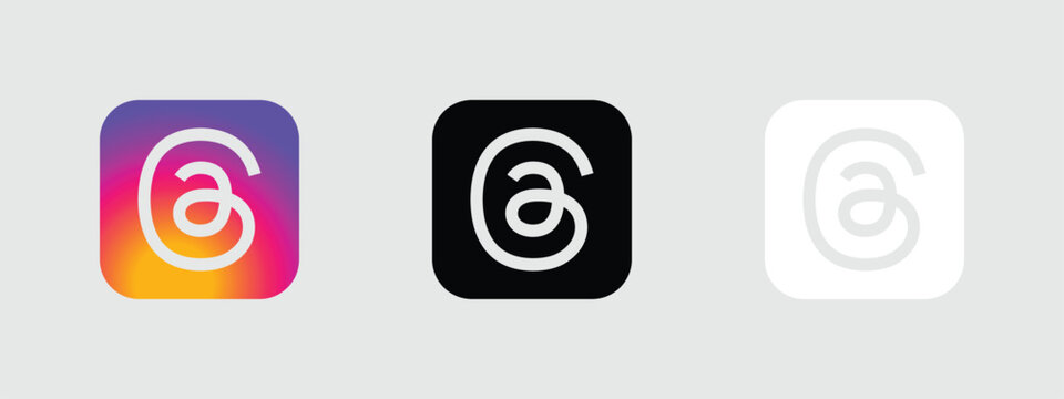 threads logo icon gradient black white rounded square social media app button vector set
