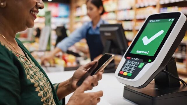 Woman paying at a store checkout using smartphone tap to pay in a busy market environment