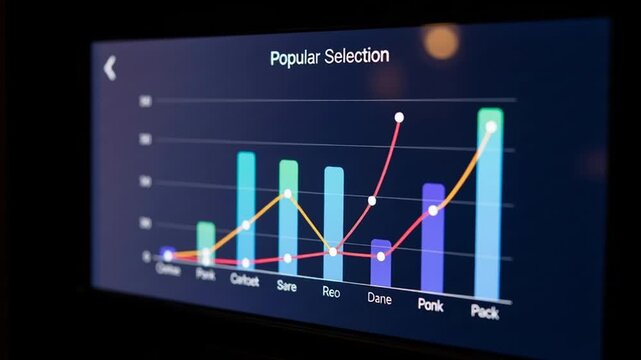 A video displaying a colorful bar graph and line chart on a screen shows popular selection trends over time