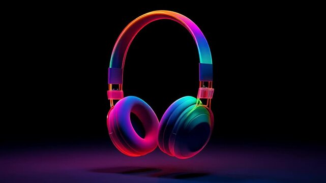 Neon gradient wireless headphones floating on black background with vibrant colorful studio lighting and modern futuristic look