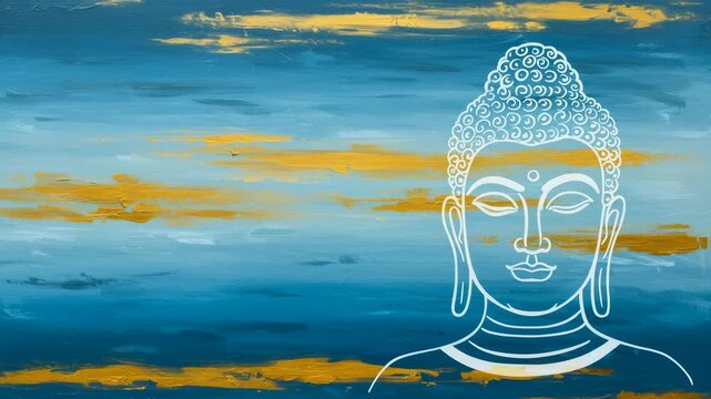 White outline of buddha head against abstract blue and gold background for spiritual meditation art footage
