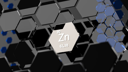 Zinc. Scientific medical research, the effect on human health. The designation of Zinc in the periodic table. 3d rendering