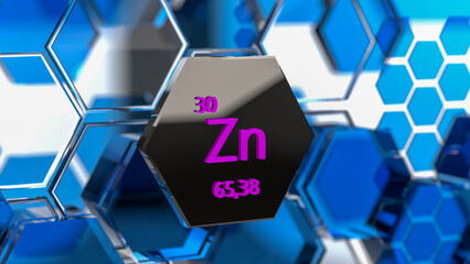 Zinc. Scientific medical research, the effect on human health. The designation of Zinc in the periodic table. 3d rendering