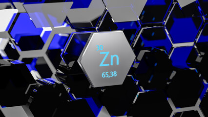 Zinc. Scientific medical research, the effect on human health. The designation of Zinc in the periodic table. 3d rendering