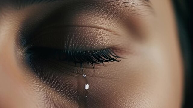 A close-up of a person's eye with a single tear dropping down their cheek in a moment of sadness or emotional distress in a video capturing human emotions.
